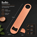 Rose gold bottle cap remover with hanging hook by BarBits, shown on a dark textured background with dimension annotations, product features, and a small inset showing the bottle cap end.
