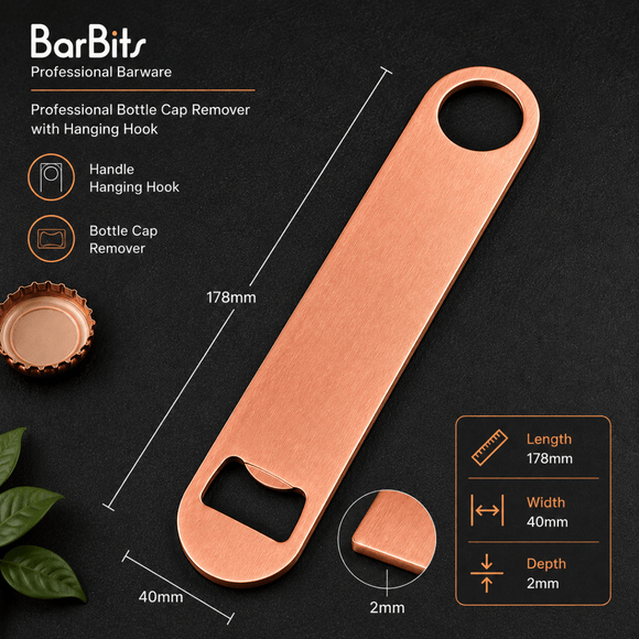 Rose gold bottle cap remover with hanging hook by BarBits, shown on a dark textured background with dimension annotations, product features, and a small inset showing the bottle cap end.