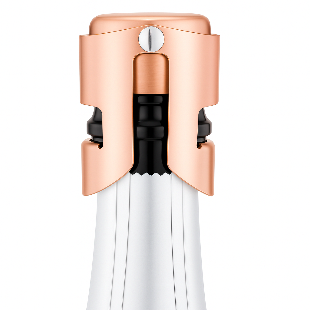 Close-up of a wine bottle stopper with rose gold cap and white body on a white background