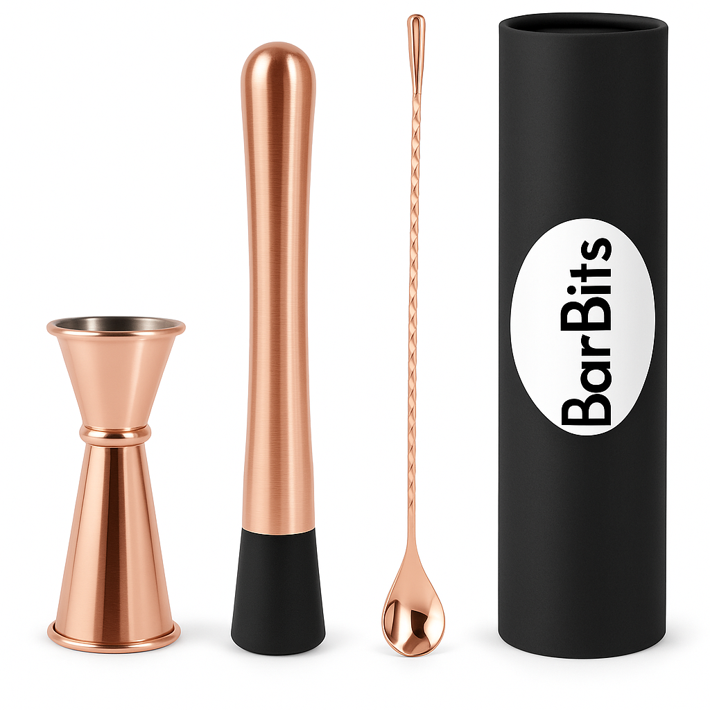 Copper and black cocktail tool set with 'Bar Bits' branding on a white background