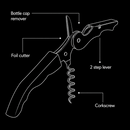 White line drawing of a multi-tool corkscrew with labeled callouts including bottle cap remover, foil cutter, 2 step lever, and corkscrew, on a black background.