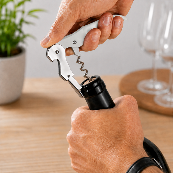 A close-up of a person using a wine bottle opener to remove the cap from a wine bottle, with a blurred kitchen or bar background showing a plant and wine glasses.