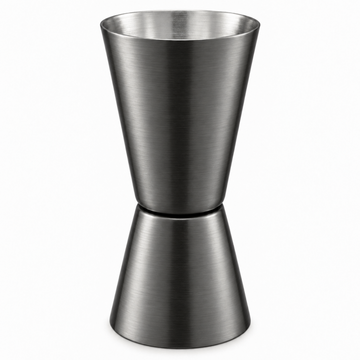 A double-sided jigger with a brushed stainless steel finish, shown on a clean white background.