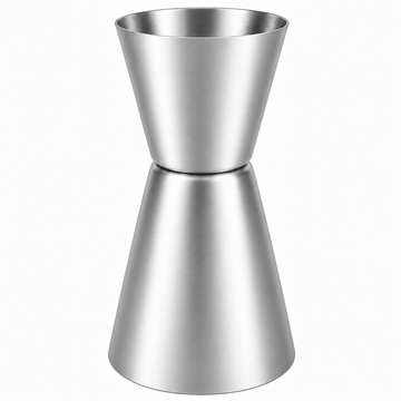 A stainless steel jigger with a brushed metal finish, featuring a double-cone design for measuring liquids, shown on a solid white background.