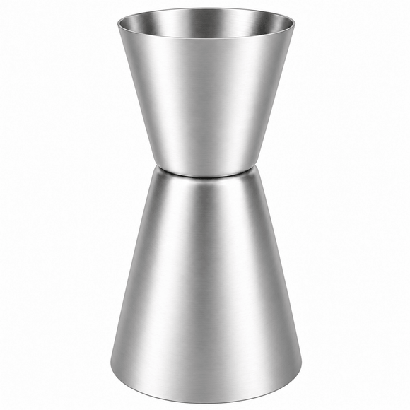 A stainless steel jigger with a brushed metal finish, featuring a double-cone design for measuring liquids, shown on a solid white background.