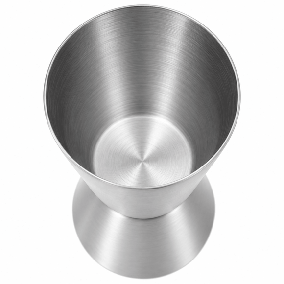 A brushed stainless steel jigger cup with a wide circular base, shown from a top-down perspective on a solid white background.