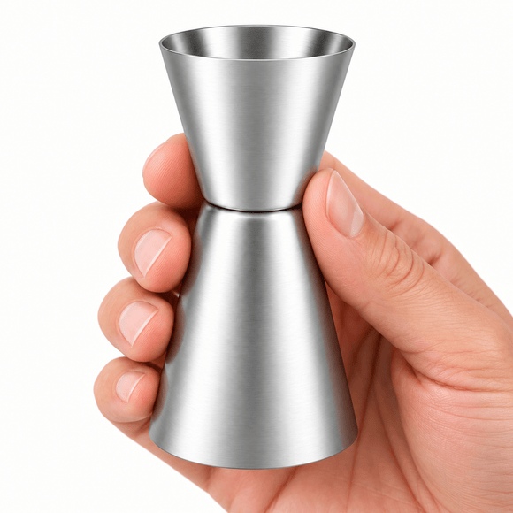 A stainless steel jigger with a brushed finish, held in a person's hand against a plain white background.