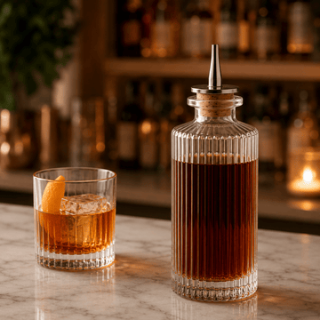Bar setting with a glass of cocktail and a bottle of dark liquid on a marble surface.