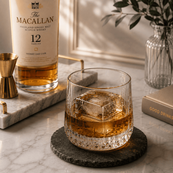 A bottle of The Macallan 12 Year Old single malt Scotch whisky and a cut glass tumbler filled with amber liquor and an ice cube, styled on a marble surface with a dark coaster, brass jigger, and decorative book in a bright interior setting.