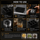 An instructional graphic titled 'HOW TO USE' showing six numbered steps for making large ice cubes in a black extra large ice cube tray with 6 cubes. The steps include filling the tray with water, freezing it, releasing the cubes, and using them in drinks.