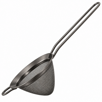 A black gunmetal fine mesh strainer with a long handle and fine mesh filter, shown on a plain white background.