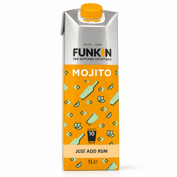 A 1-liter carton of Funkin Mojito pre-batched cocktails, featuring a silver top half and a bright orange bottom half with green cocktail-themed illustrations, on a white background.