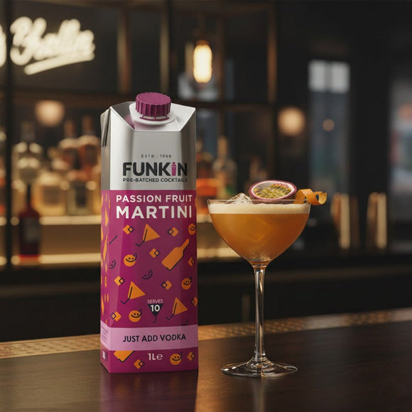 Funkin pre-mixed cocktail packaging next to a passion fruit martini in a bar setting