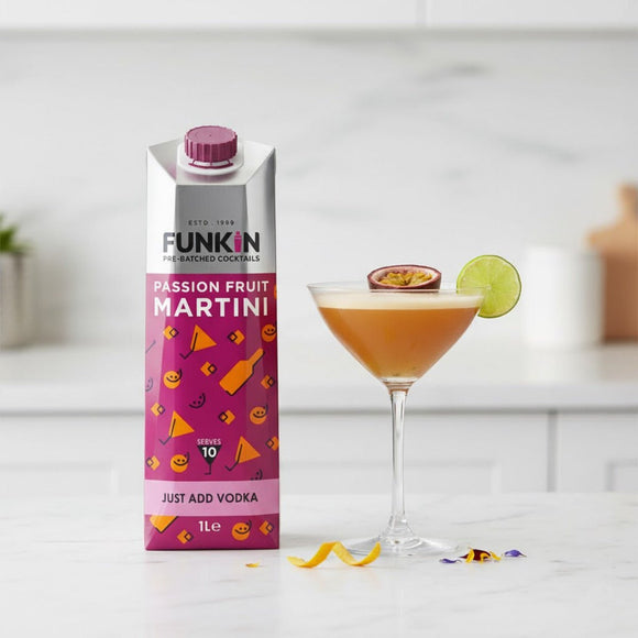 Funkin Passion Fruit Martini packaging with a cocktail on a bar counter