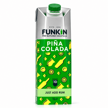 A 1-liter Funkin Piña Colada cocktail carton with a green cap, featuring a green and silver label with yellow cocktail glass and lime illustrations, on a white background.