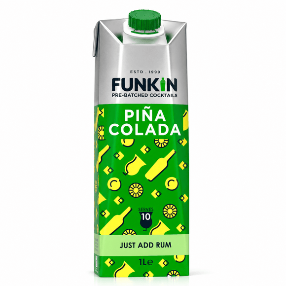 A 1-liter Funkin Piña Colada cocktail carton with a green cap, featuring a green and silver label with yellow cocktail glass and lime illustrations, on a white background.