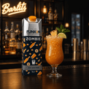 A 1L carton of Funkin Zombie cocktail mix stands on a bar counter next to a tall glass filled with an orange-colored cocktail, garnished with a lime wheel, mint leaf, and pineapple slice, with a blurred bar background and a lit 'Barlit' sign behind.