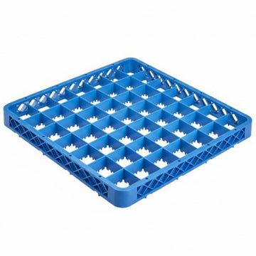 Blue plastic crate with multiple compartments on a white background