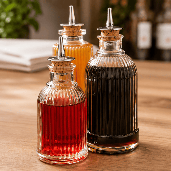 Four glass bitter bottles with different liquids on a wooden surface.
