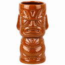 A glossy brown ceramic tiki mug shaped like a carved face, shown against a plain white background.