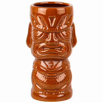 A glossy brown ceramic tiki mug shaped like a carved face, shown against a plain white background.