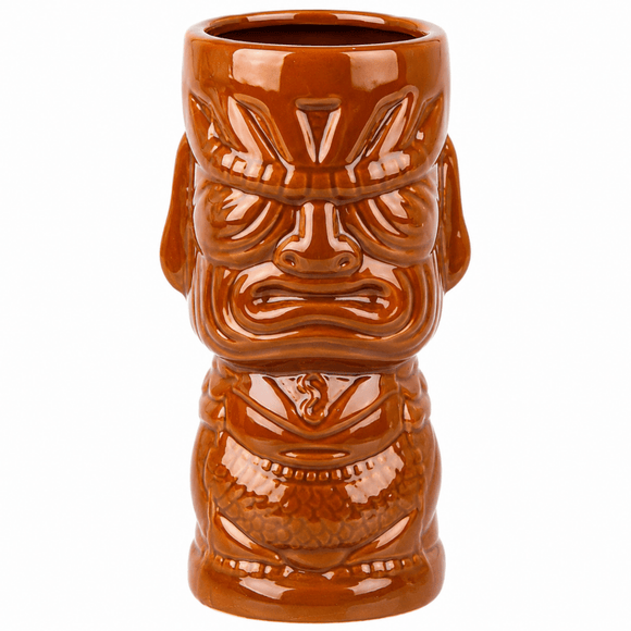 A glossy brown ceramic tiki mug shaped like a carved face, shown against a plain white background.