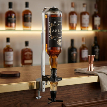 A bottle of whisky suspended upside down in a metal bar dispenser mounted on a wooden bar counter, with blurred liquor bottles in the background.