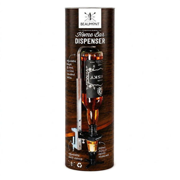 Beaumont Professional Home Bar Dispenser in a tall cylindrical wooden-style package, showing a bottle filled with amber liquid and metal dispenser hardware on a white background.