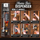 Bealmynt home bar dispenser bottle shaker and drink mixer in its black packaging, shown alongside a six-step 'How It Works' instructional graphic on a dark wood background.