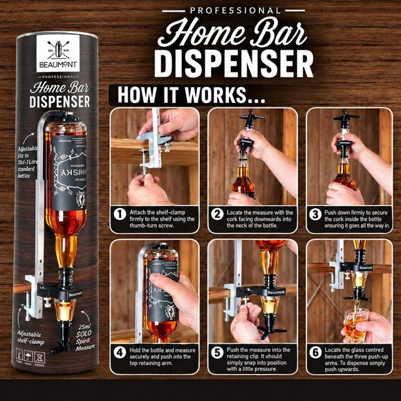 Bealmynt home bar dispenser bottle shaker and drink mixer in its black packaging, shown alongside a six-step 'How It Works' instructional graphic on a dark wood background.