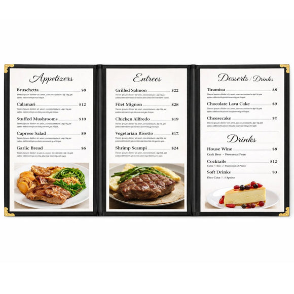 A5 Black American Menu Cover - Triple Fold