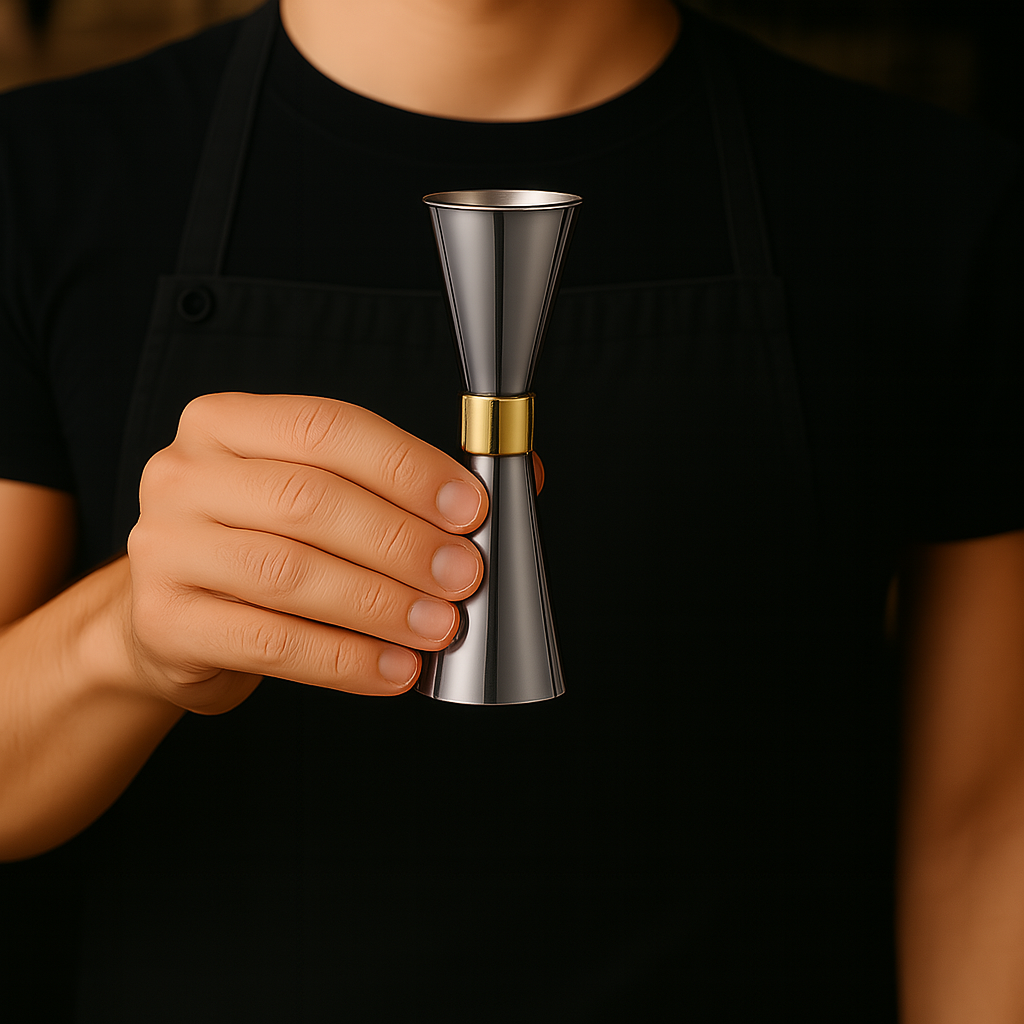Person holding a silver jigger with gold accent against a dark background