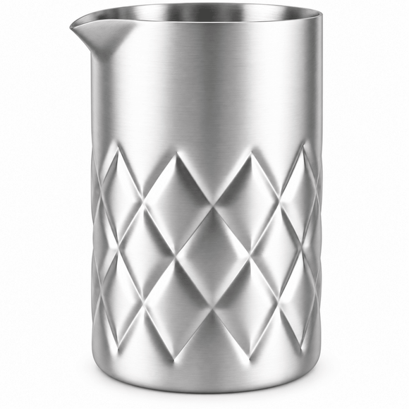 A brushed stainless steel mixing pitcher with a diamond-patterned textured design on the lower half, set against a plain white background.