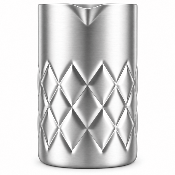 A brushed stainless steel cocktail mixing glass with a diamond-patterned textured design on the lower half, shown on a clean white background.