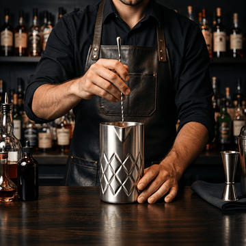 A bartender in a black shirt and dark brown leather apron stirs a cocktail in a textured stainless steel mixing tin on a dark bar counter, with bottles of liquor blurred in the background.