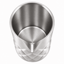 A brushed stainless steel mixing pitcher with a diamond-textured exterior and a pouring spout, shown from a top-down angle on a white background.