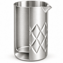 A brushed stainless steel mixing pitcher with a diamond-patterned cutout design on the front and a pouring spout, shown on a clean white background.