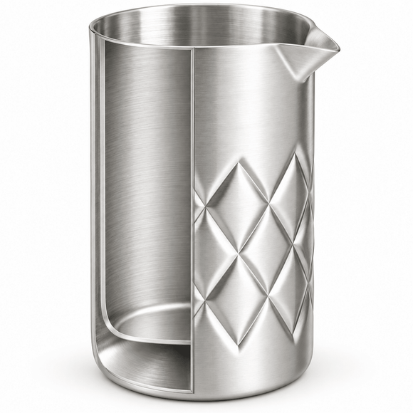 A brushed stainless steel mixing pitcher with a diamond-patterned cutout design on the front and a pouring spout, shown on a clean white background.