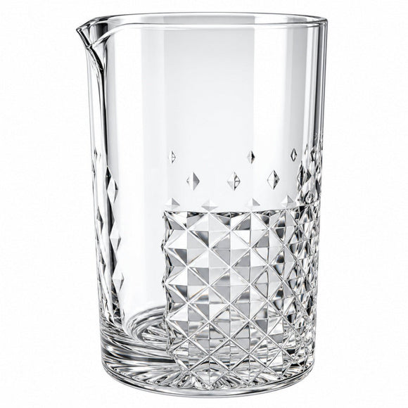 Clear glass cocktail mixing pitcher with a diamond-patterned base and faceted diamond-cut body, shown on a white background.