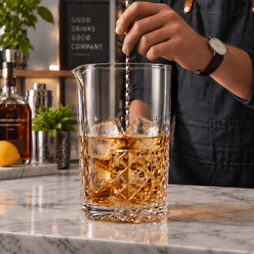 A clear cocktail mixing pitcher filled with amber liquor and large ice cubes, being stirred by a person on a marble bar counter. A bottle, shaker, and bar decor are visible in the background.