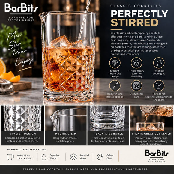 A BarBits Perfectly Stirred cocktail glass shown on a branded promotional graphic. The clear diamond-cut glass contains amber liquid and ice, with surrounding text, icons, and feature callouts about the product.