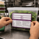 Person holding a container of broccoli with an allergen label on a kitchen counter.
