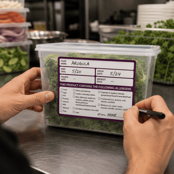 Person holding a container of arugula with a label on a kitchen counter