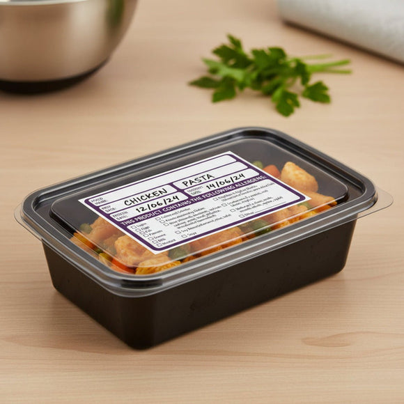 Container of food with a label on a wooden surface