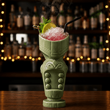 A green ceramic tiki-style drinkware piece on a wooden bar counter, filled with crushed ice and a pink drink, garnished with a lime wheel, mint, and a black straw, with a blurred bar shelf of bottles in the background.