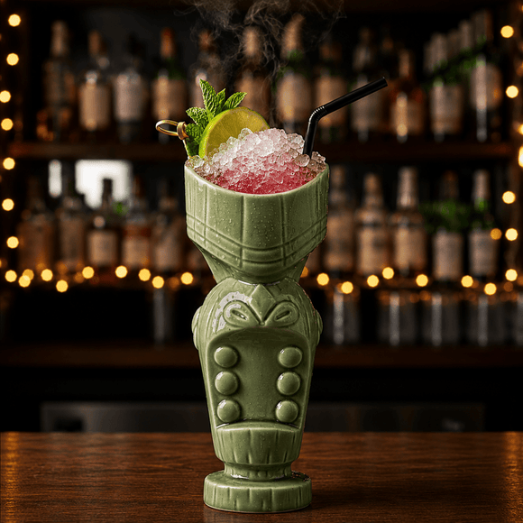 A green ceramic tiki-style drinkware piece on a wooden bar counter, filled with crushed ice and a pink drink, garnished with a lime wheel, mint, and a black straw, with a blurred bar shelf of bottles in the background.