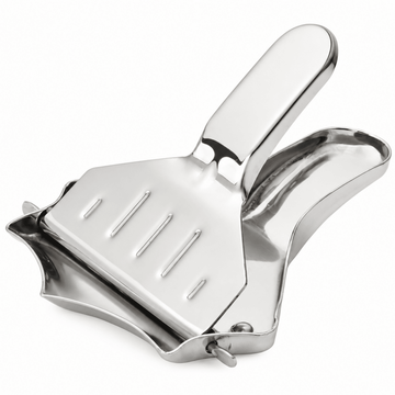 A stainless steel cheese grater and slicer tool with a polished metallic finish, shown on a plain white background.