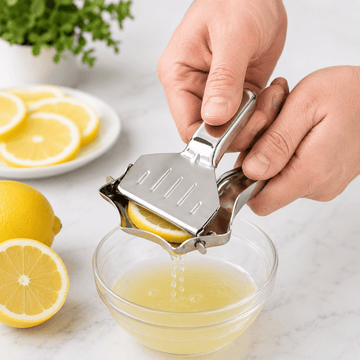 A stainless steel manual lemon squeezer being used by two hands to squeeze a lemon slice over a small clear glass bowl, with lemons and a plate of lemons blurred in the background on a light marble surface.