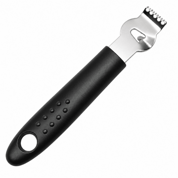 A Canele Cutter with a black textured handle and a silver metal claw-end scraper, shown diagonally on a plain white background.