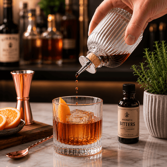 Person pouring bitters into a cocktail with a bottle of bitters and ingredients in the background.